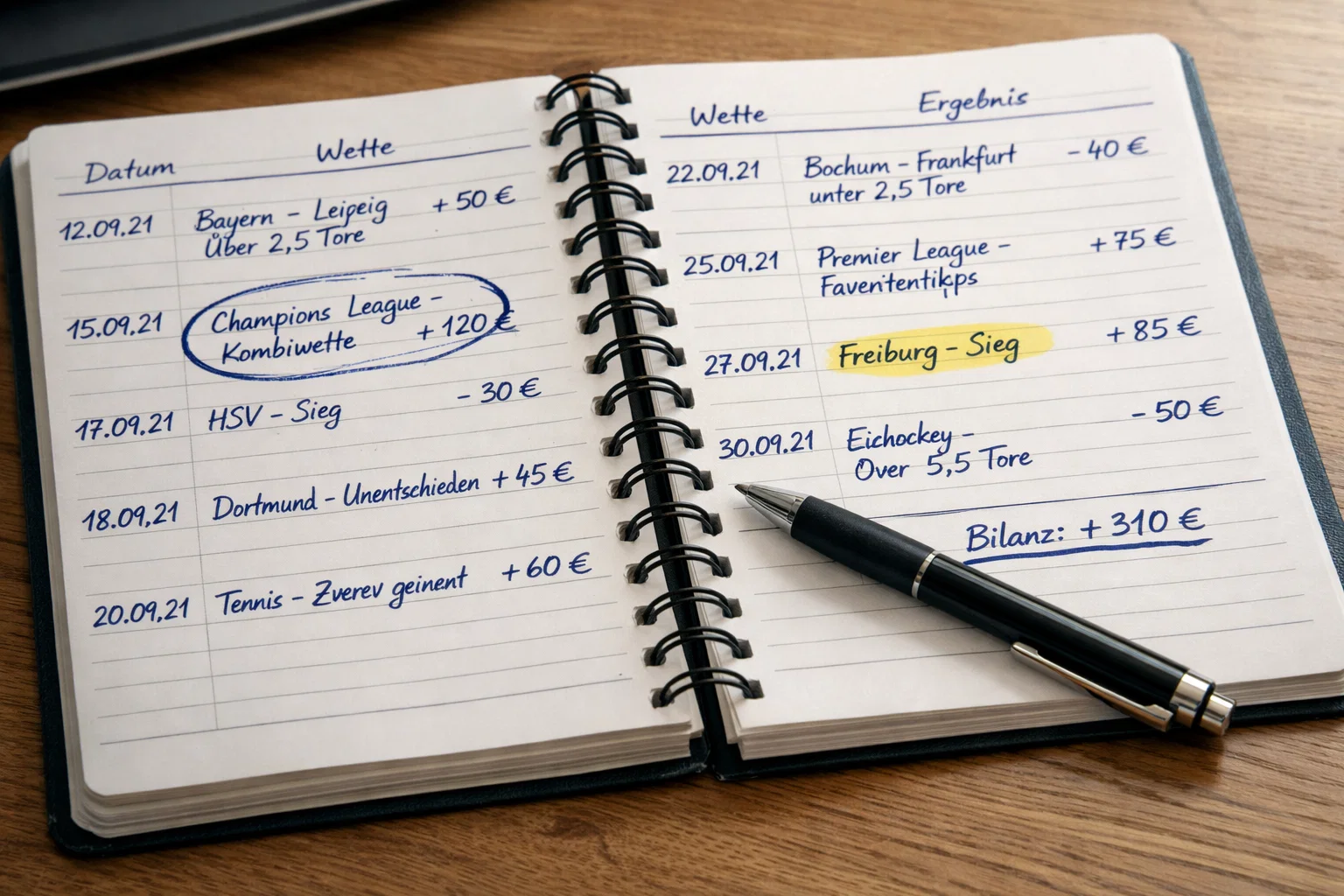 Notizbuch mit handschriftlicher Wettdokumentation neben einem Stift