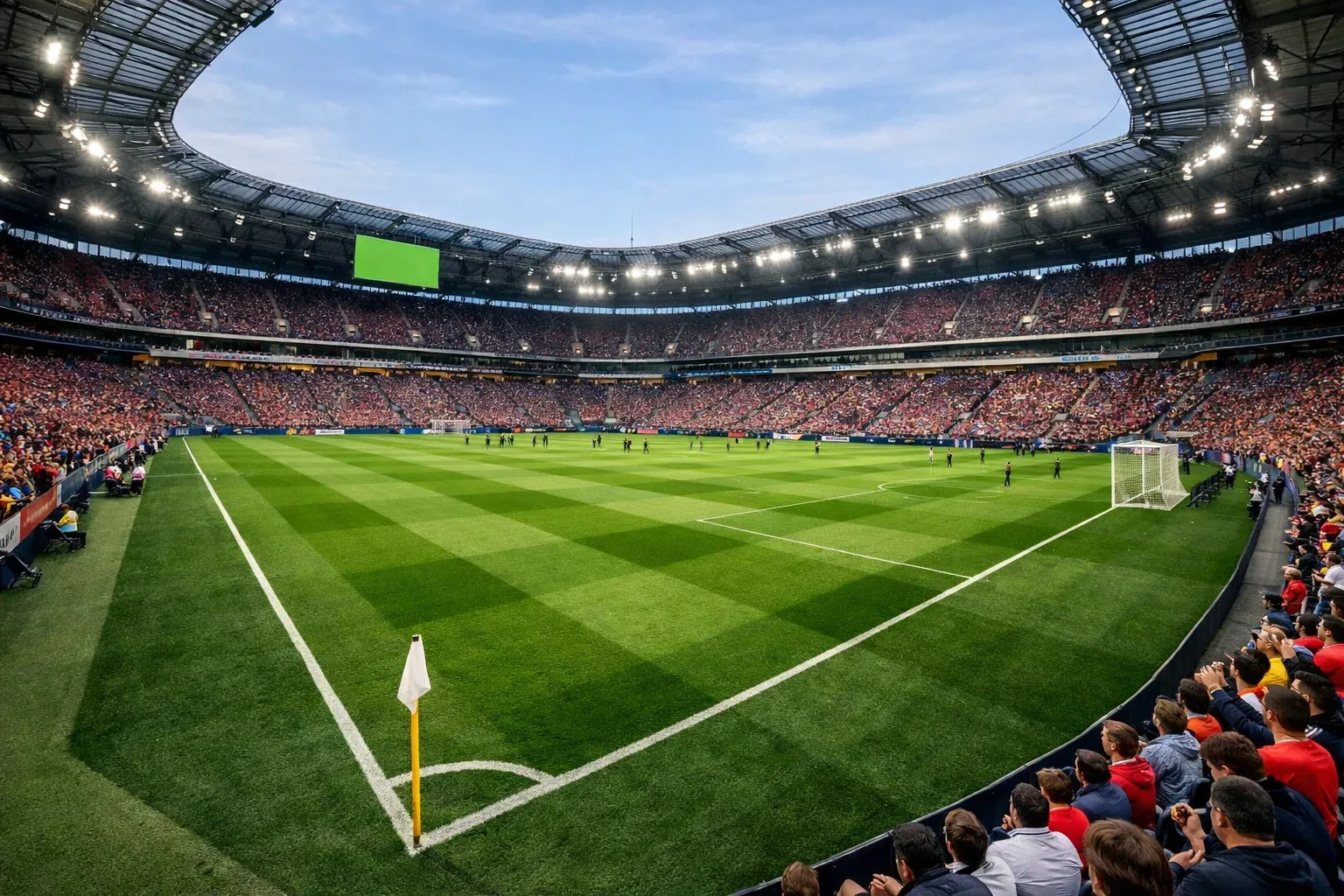 Ausverkauftes Bundesliga-Stadion mit begeisterten Fans und grünem Rasen unter Abendsonne
