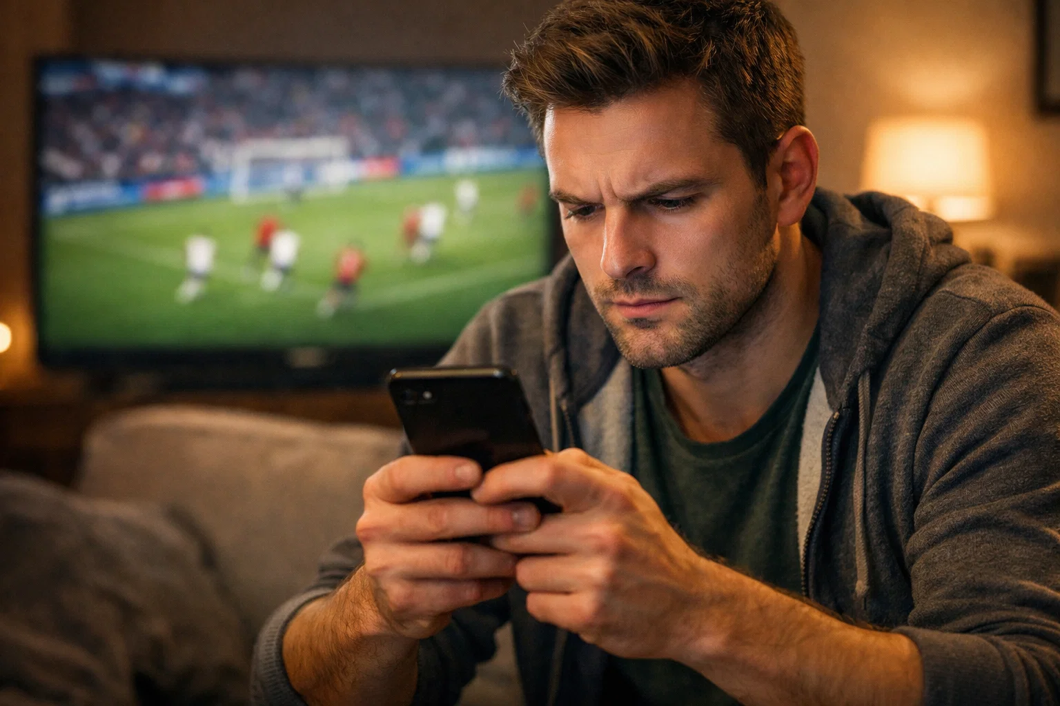 Person schaut konzentriert auf Smartphone-Bildschirm während eines Fußballspiels im Hintergrund