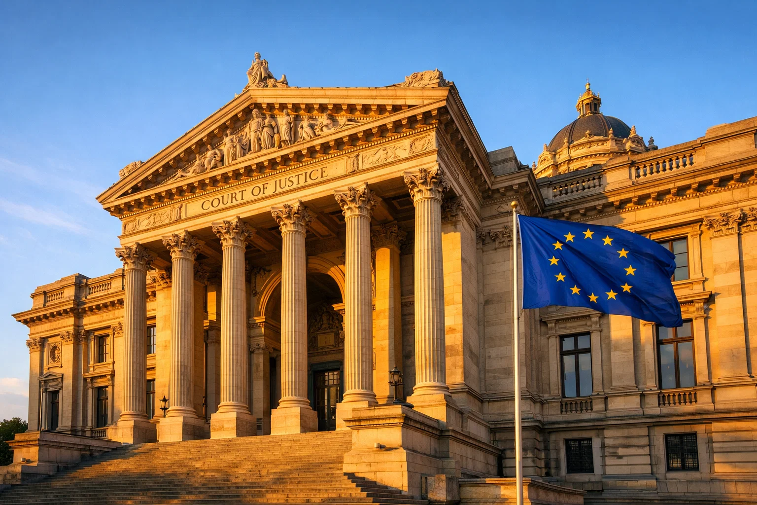Symbolisches Bild eines europäischen Gerichtsgebäudes mit EU-Flagge