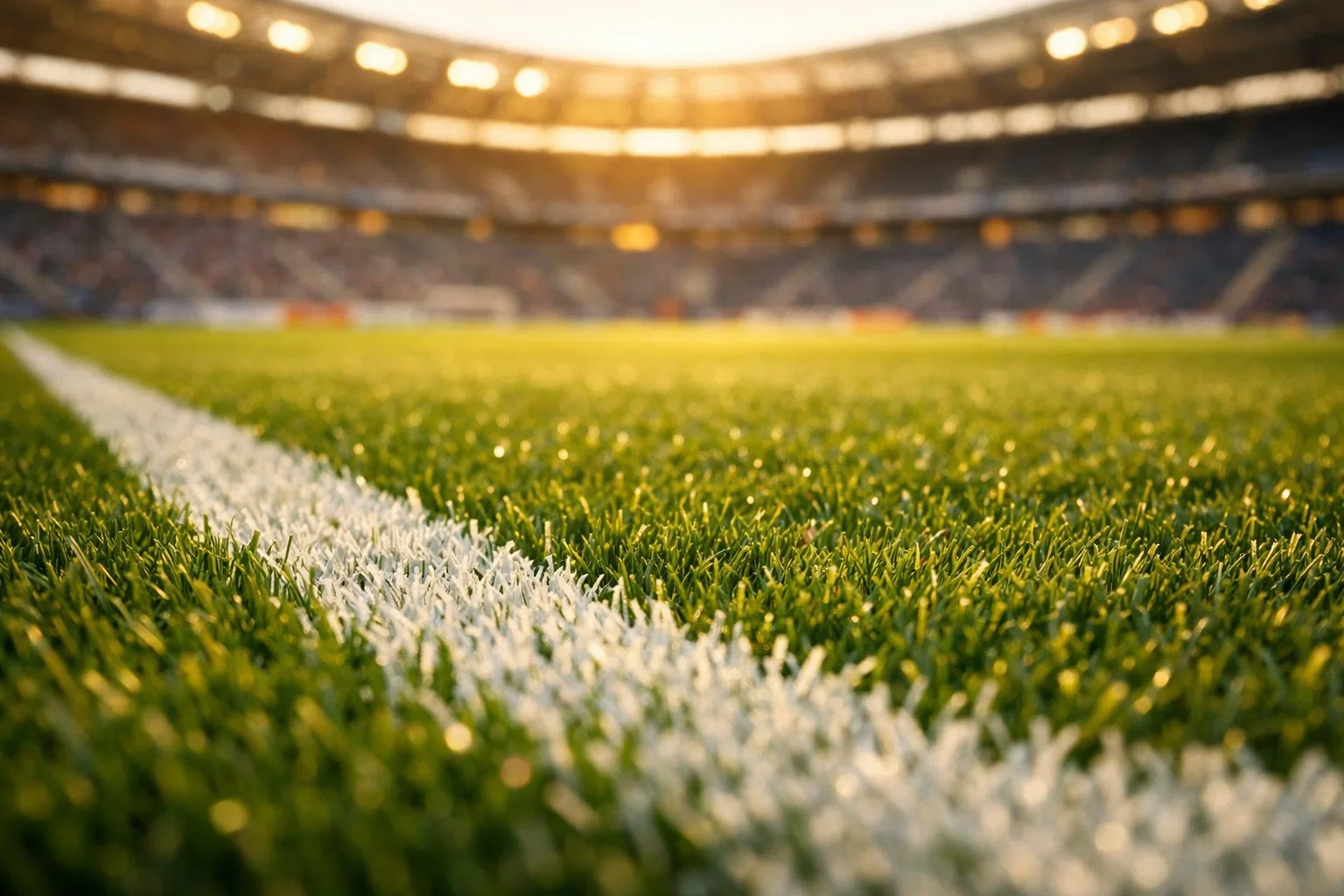 Gepflegter Fußballrasen eines Bundesliga-Stadions im Sonnenlicht