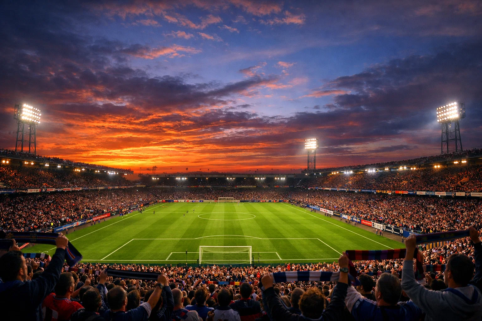 Fußballstadion bei Abenddämmerung mit Flutlicht und begeisterten Fans auf den Rängen