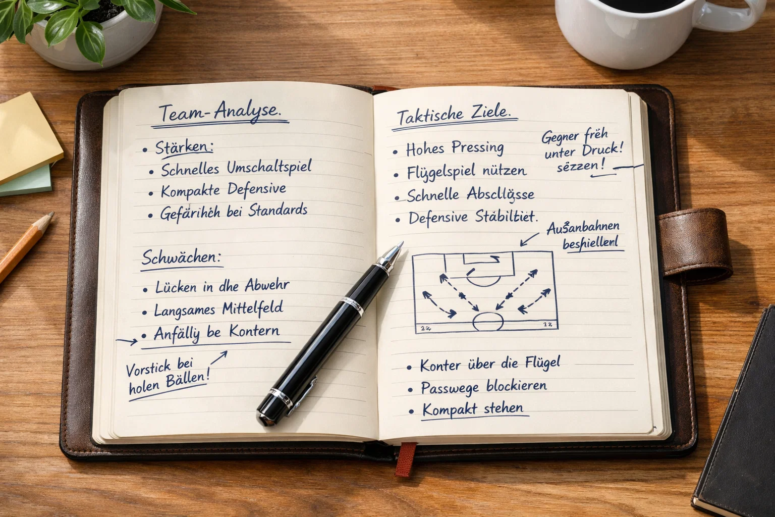 Aufgeschlagenes Notizbuch mit handschriftlichen Notizen zur Teamanalyse