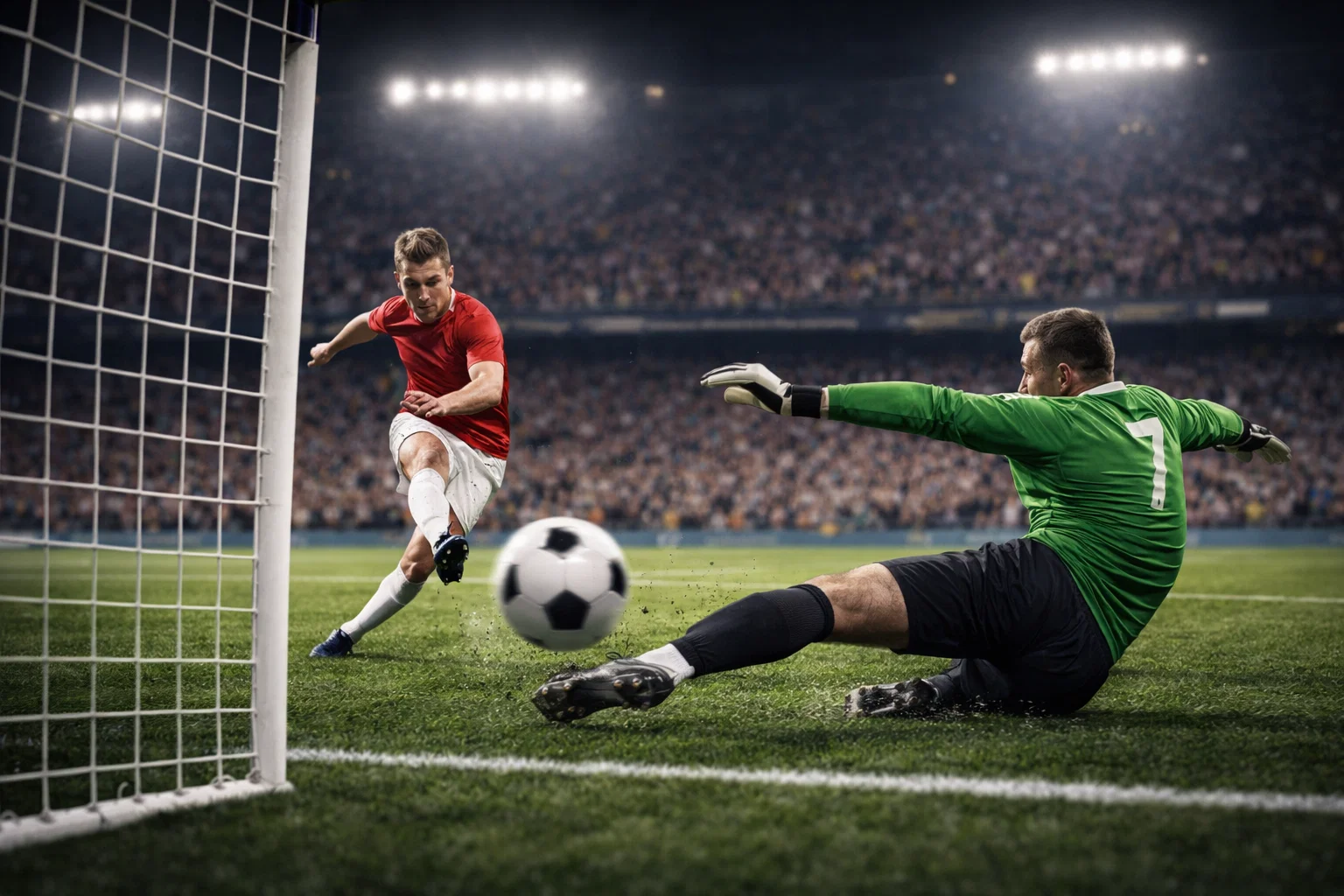 Spannende Spielszene mit Stürmer vor dem Tor und Torhüter beim Hechtsprung auf dem Fußballrasen