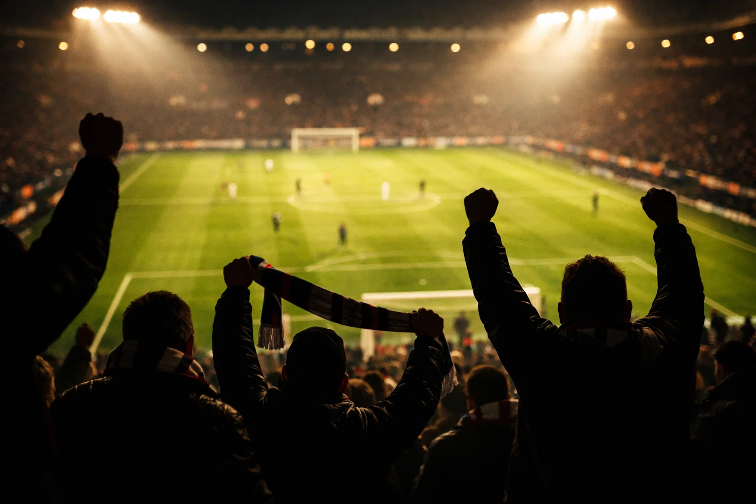 Fußballfans im Stadion verfolgen begeistert ein spannendes Bundesligaspiel bei Flutlicht