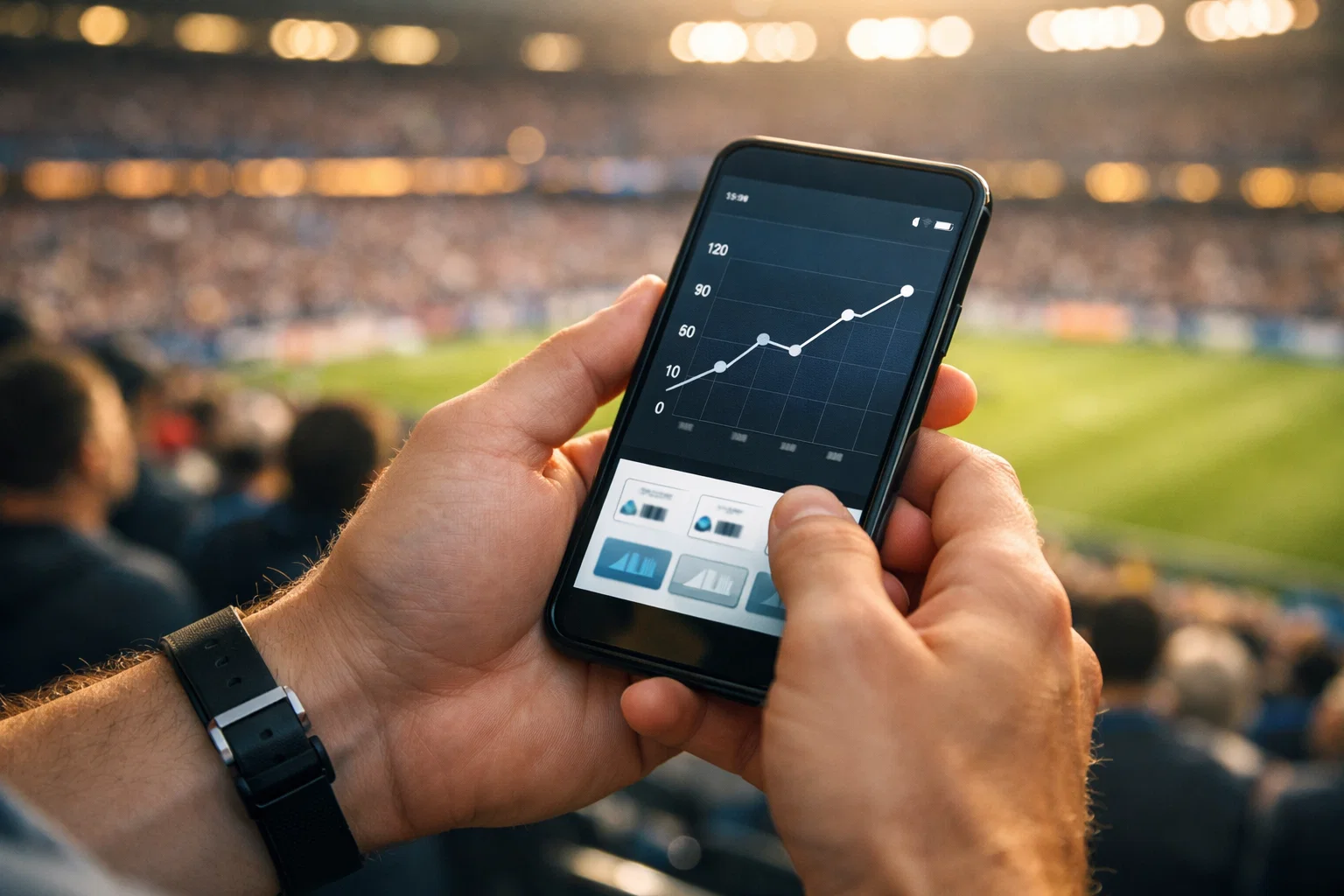 Fan verfolgt Live-Statistiken auf dem Smartphone während eines Fußballspiels im Stadion