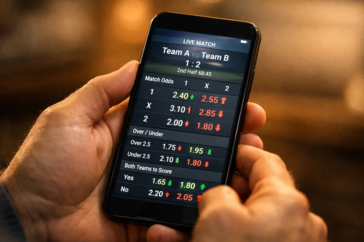Nahaufnahme eines Smartphones mit sich ändernden Sportwetten-Quoten