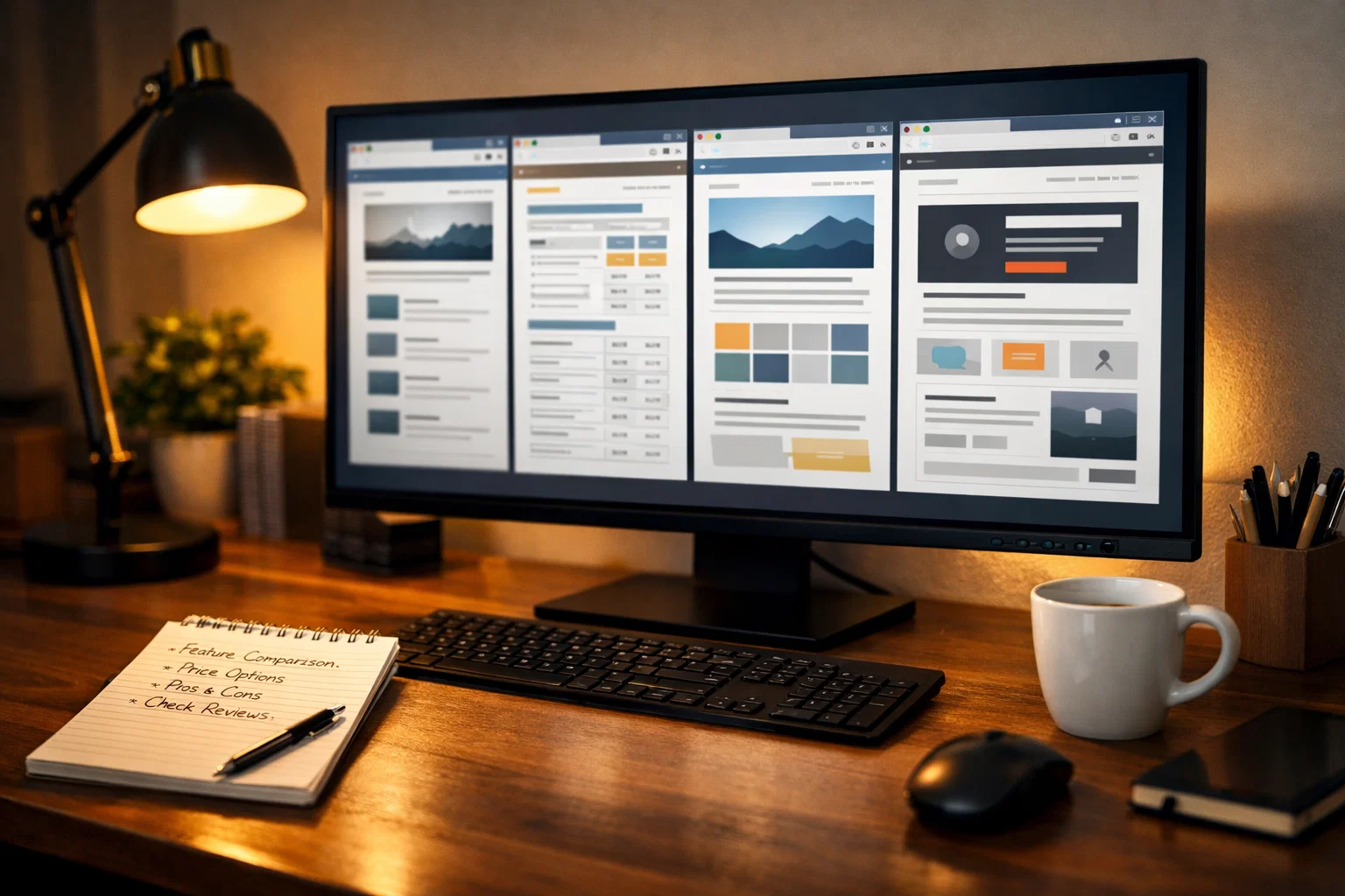 Schreibtisch mit mehreren geöffneten Browserfenstern auf einem Monitor zur Angebotsrecherche