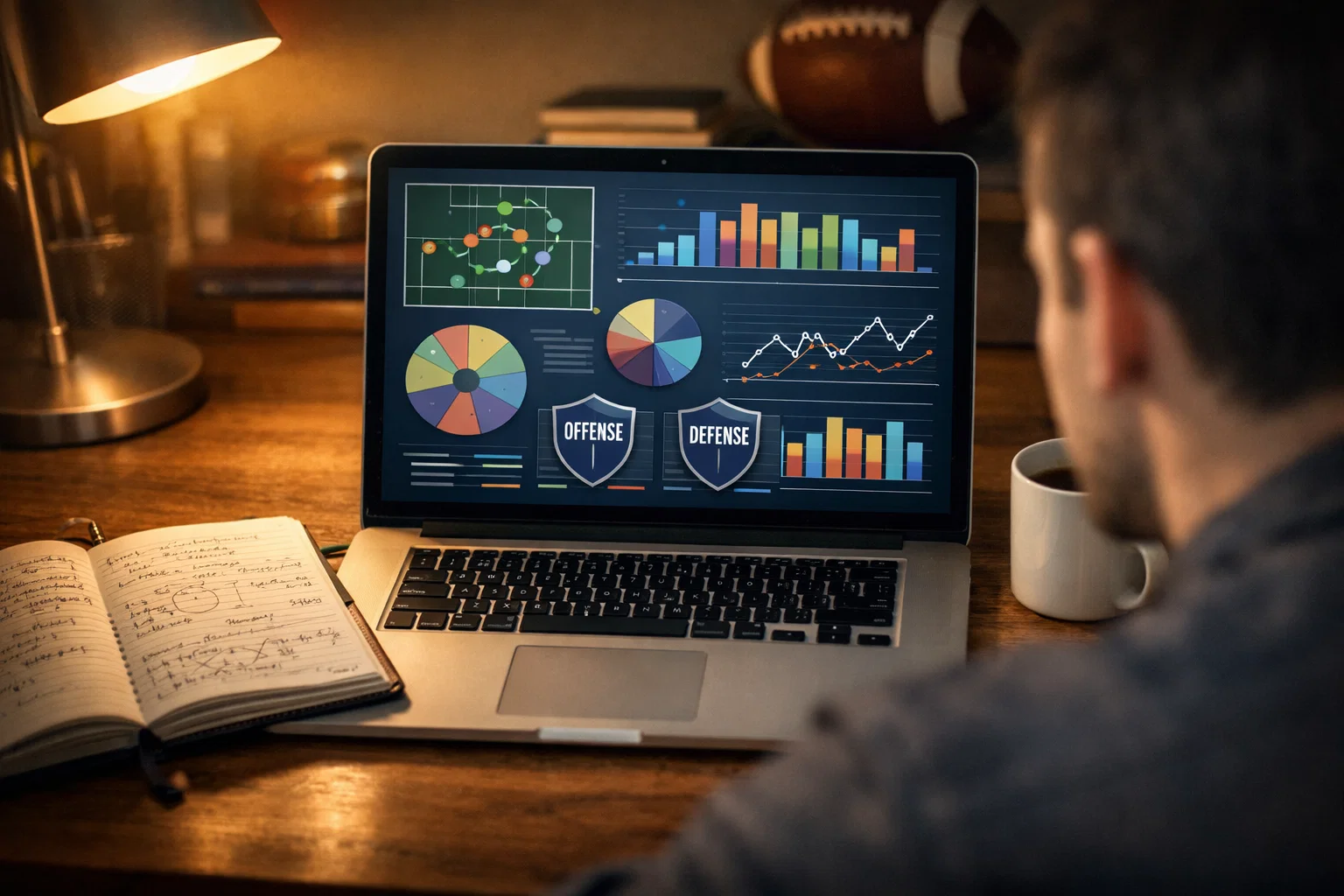 Person analysiert Fußballstatistiken auf einem Laptop mit Notizbuch daneben