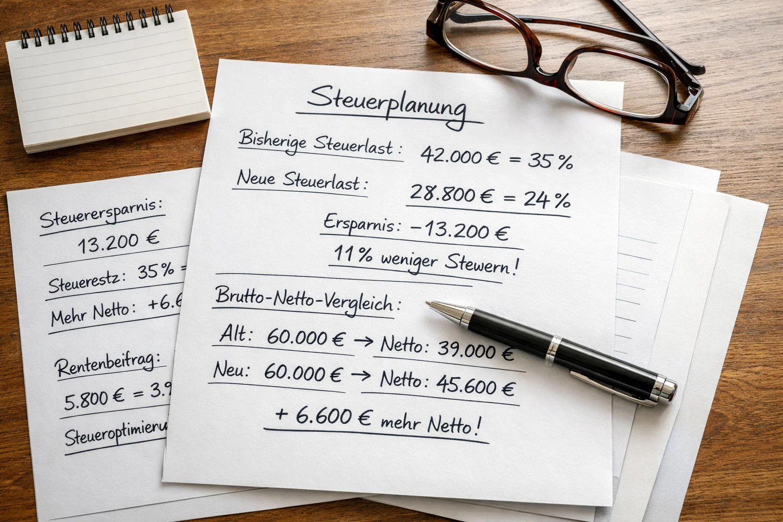 Schreibtisch mit Dokumenten und handschriftlichen Berechnungen zur Wettsteuer