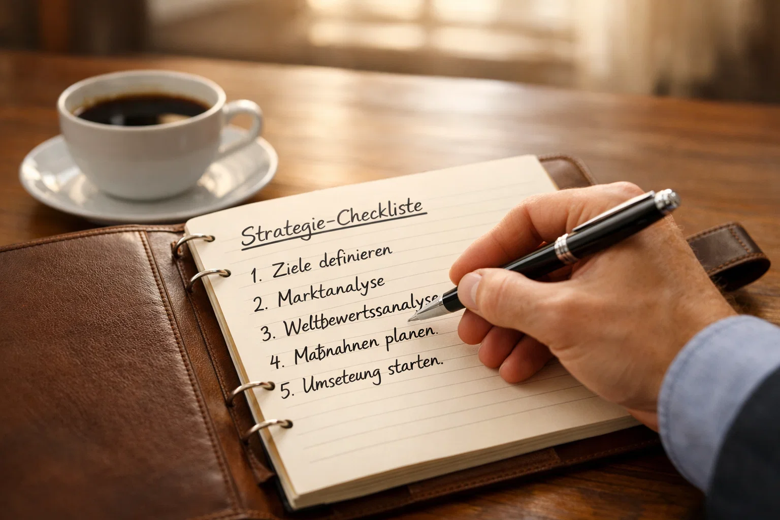Hand schreibt eine Strategie-Checkliste in ein Notizbuch neben einer Tasse Kaffee