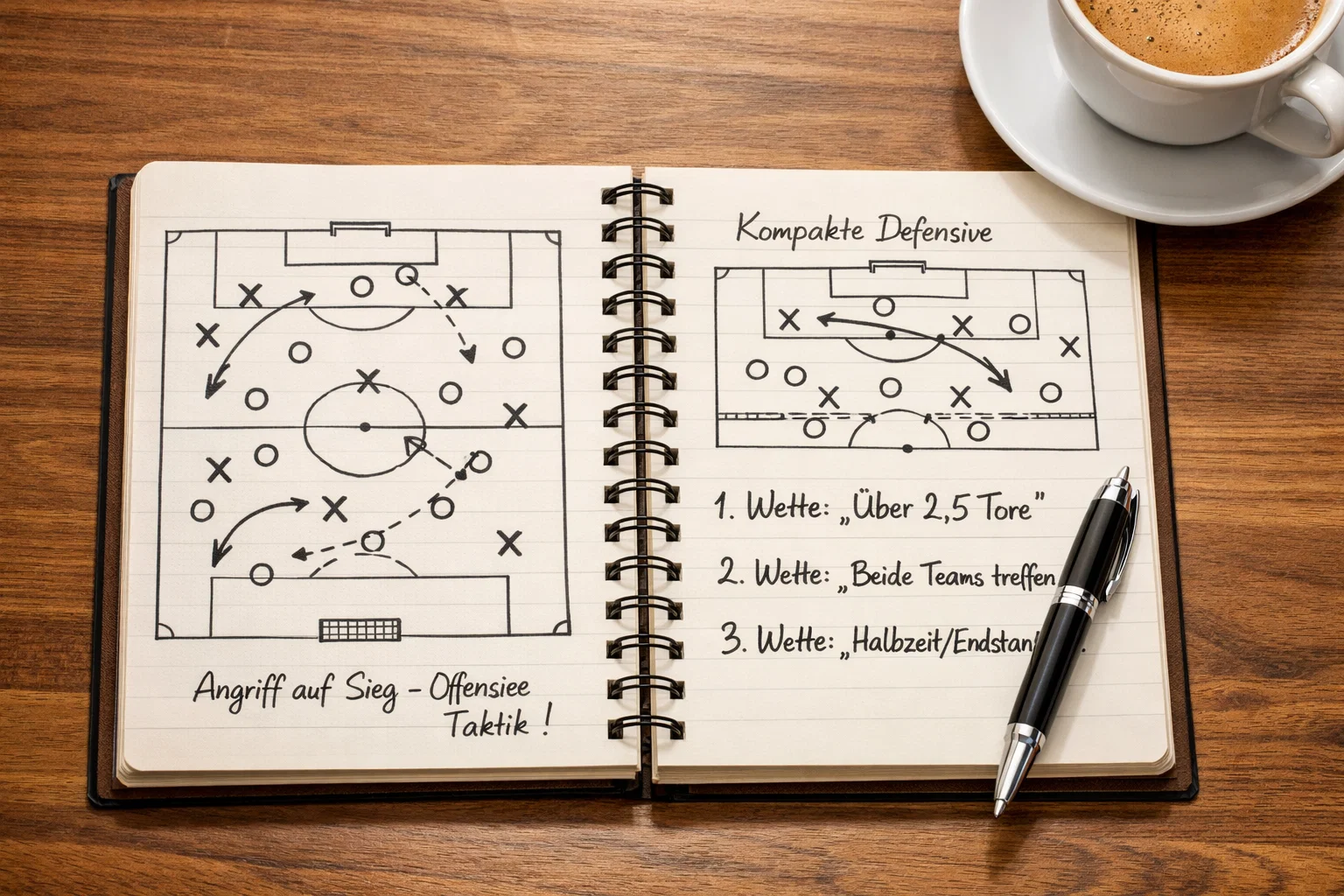 Aufgeschlagenes Notizbuch mit handgezeichneten Fußball-Taktikdiagrammen und Notizen