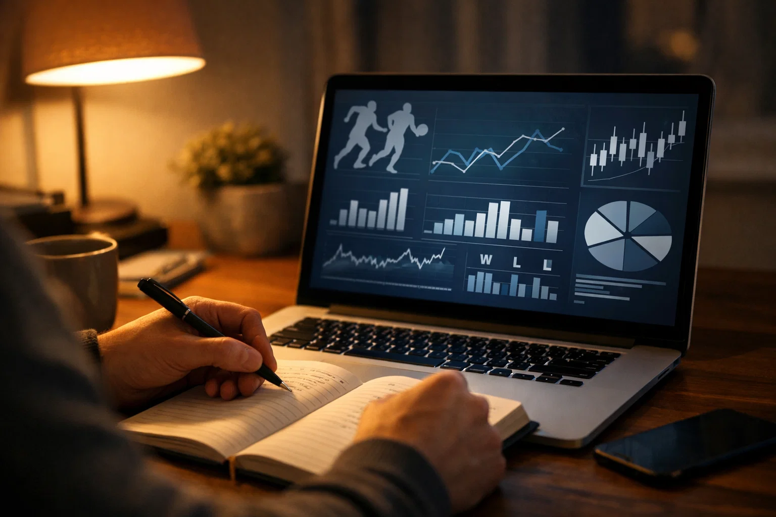 Person macht sich Notizen während der Analyse von Wettmärkten am Laptop