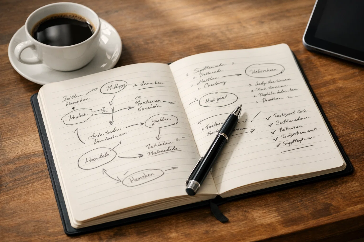 Notizbuch mit handgeschriebener Wettanalyse und Strategienotizen neben einer Tasse Kaffee